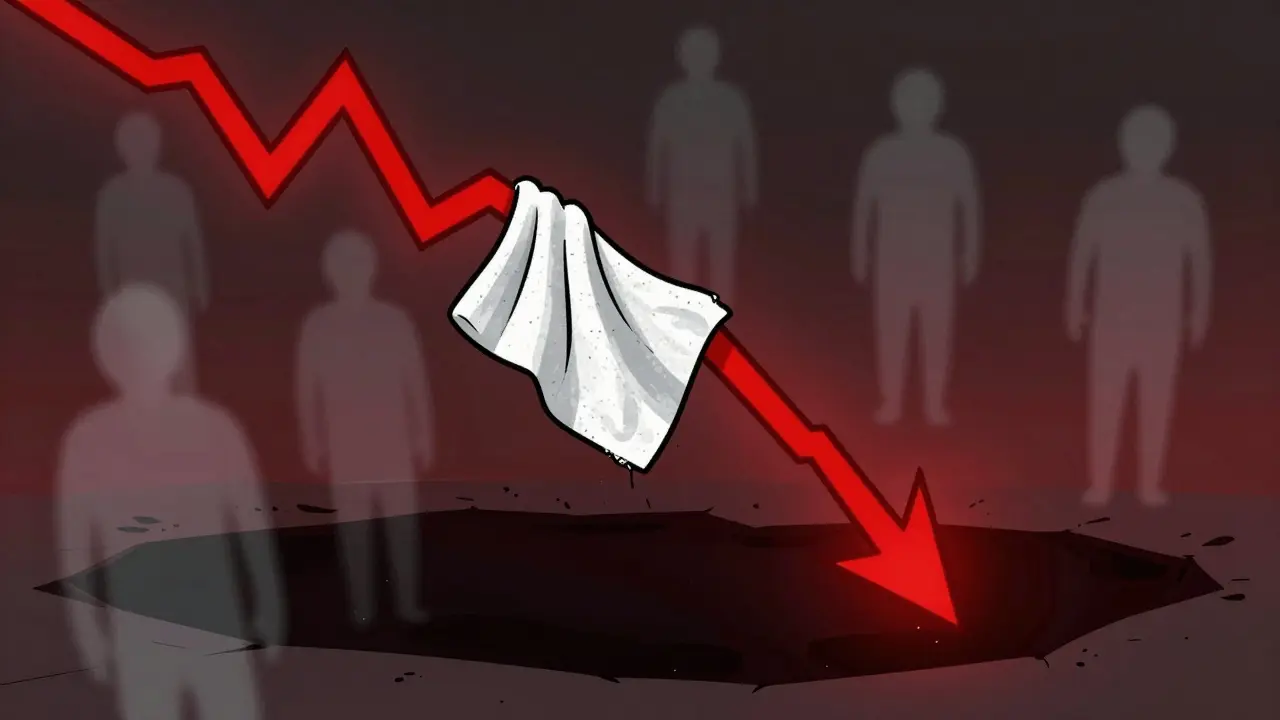 A cartoon illustration of a crashing price graph turning into an unraveling towel.