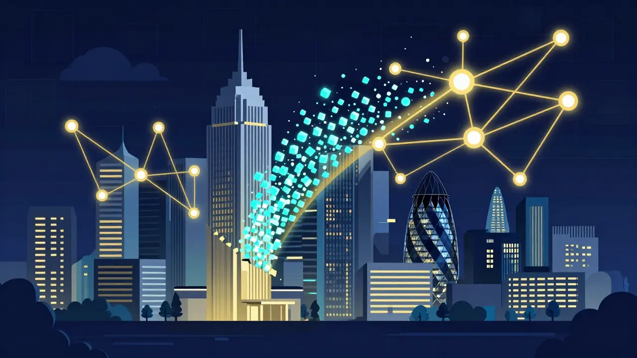 A city building being converted into digital tokens within a glowing decentralized network.