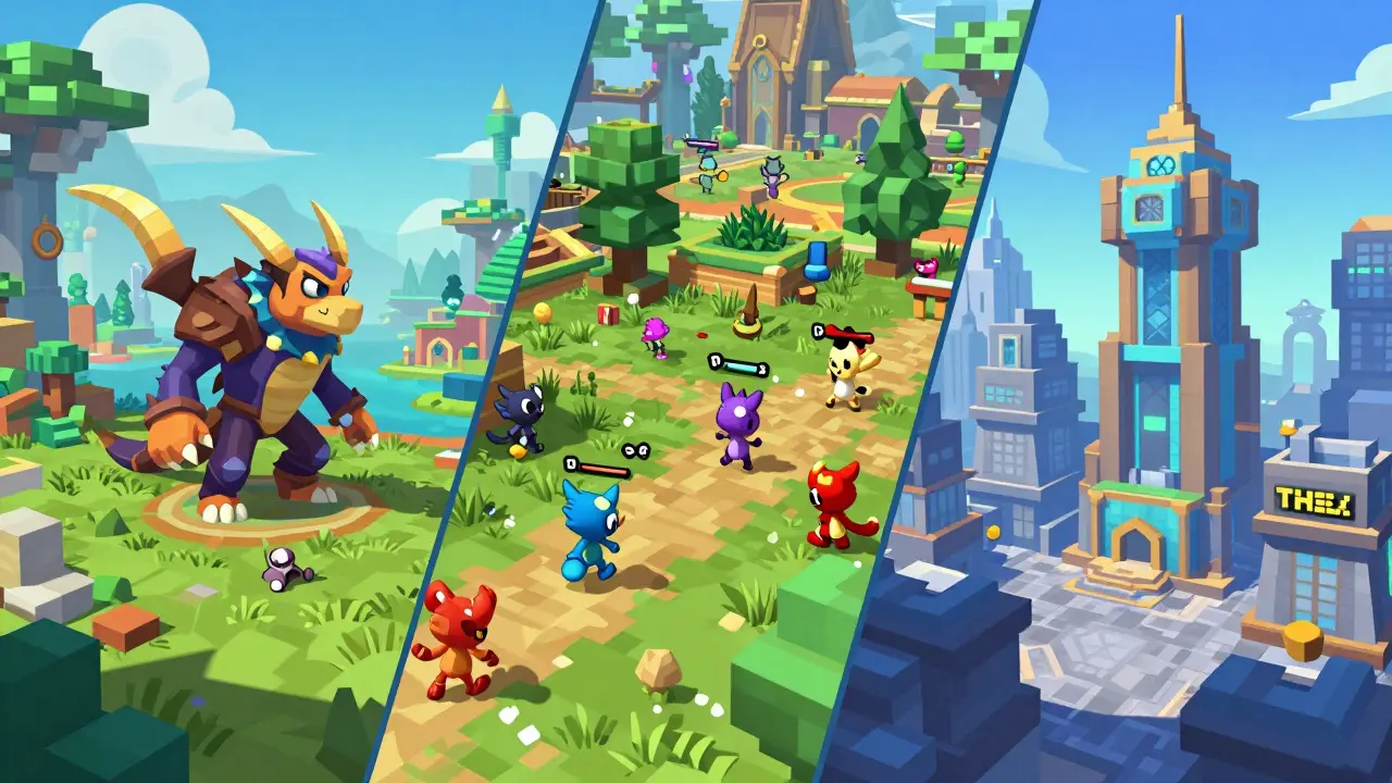 A collage showcasing AAA 3D, stylized 2D, and voxel art styles from various NFT games.