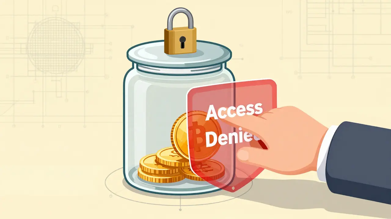 A digital coin trapped inside a locked glass jar with a red access denied shield.