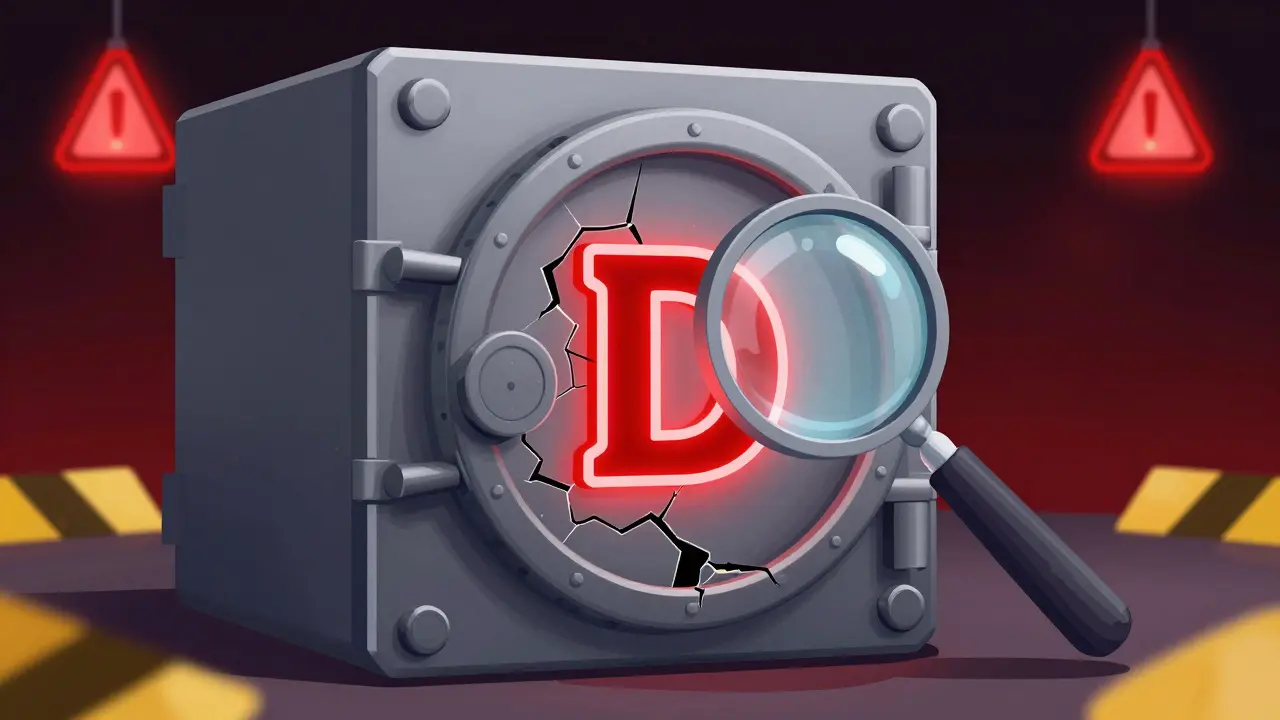A digital vault with a red D rating and security gaps representing a low security score