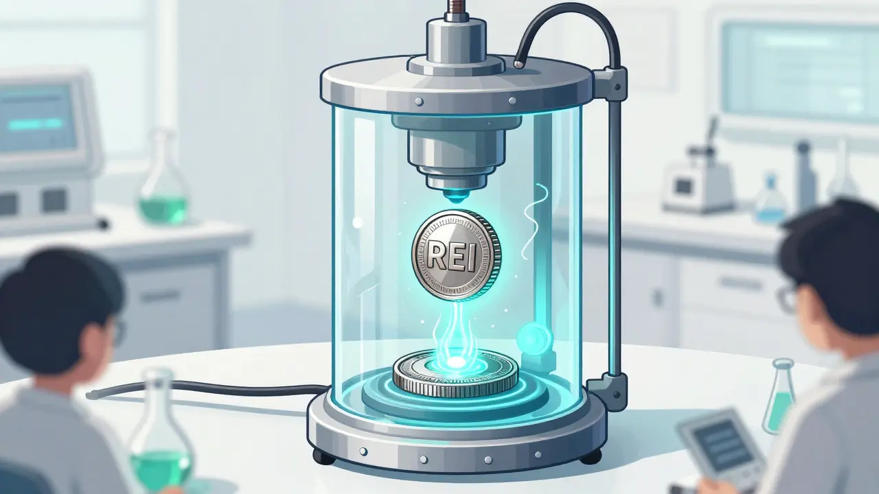 A futuristic lab machine burning a token to create a synthetic zUSD coin