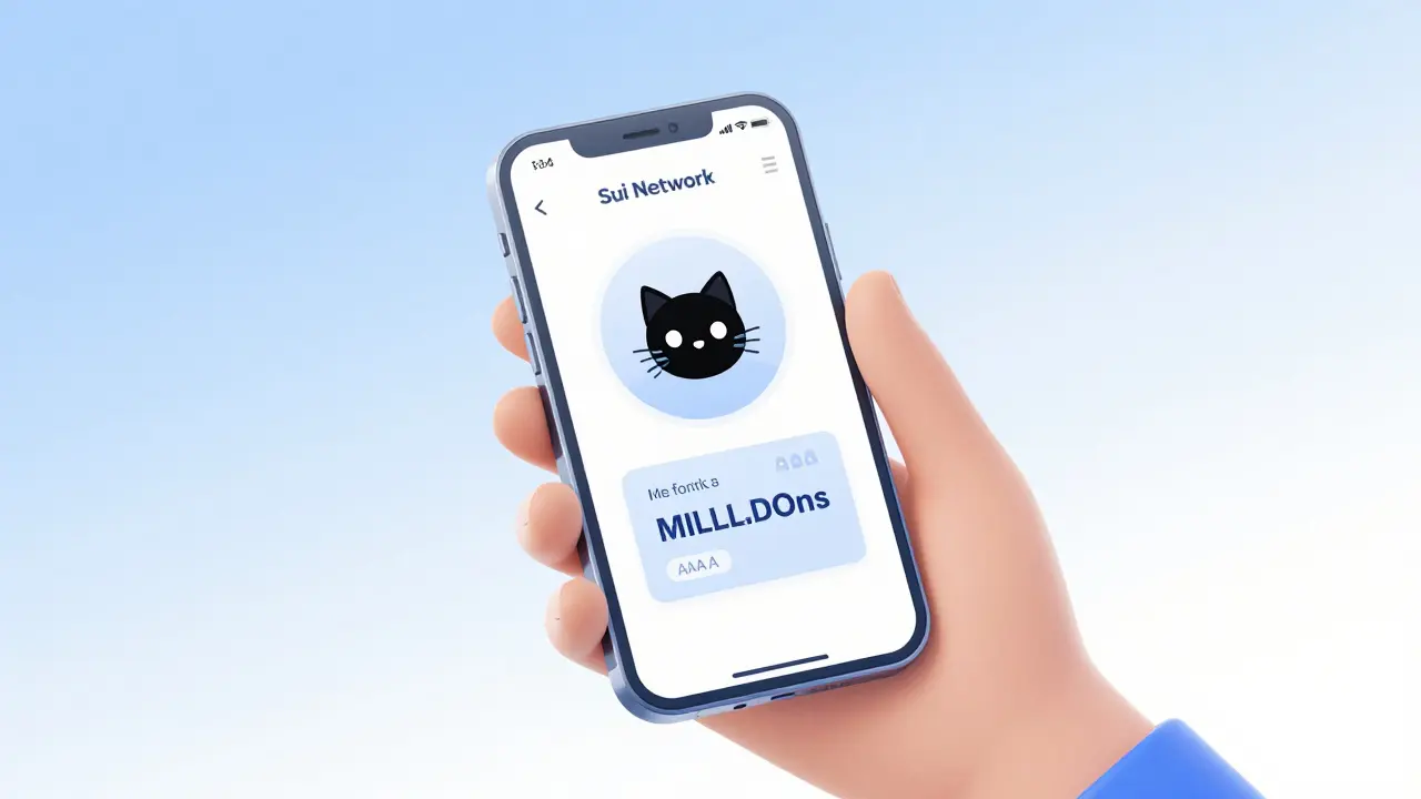 A futuristic smartphone displaying a Sui wallet with aaa cat tokens.