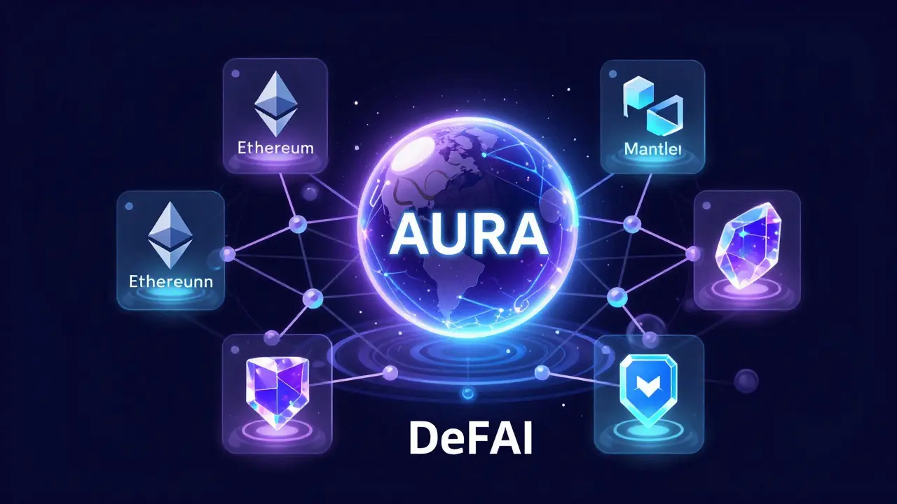 A glowing AI agent AURA scanning multiple blockchain networks for airdrop opportunities.