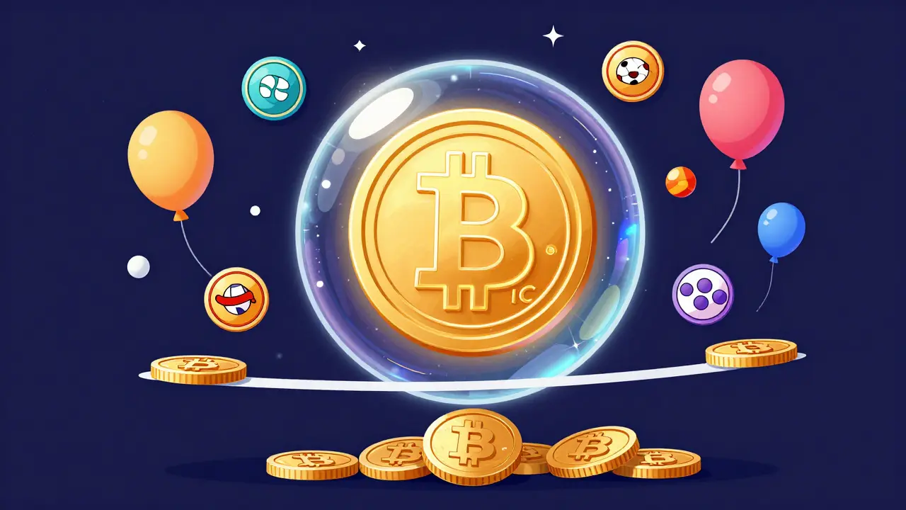 A glowing Bitcicoin coin surrounded by sports fan tokens inside a conceptual bubble