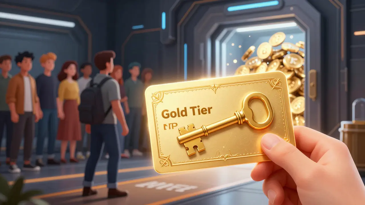 A golden NFT membership card acting as a key to unlock a high-tech token vault.
