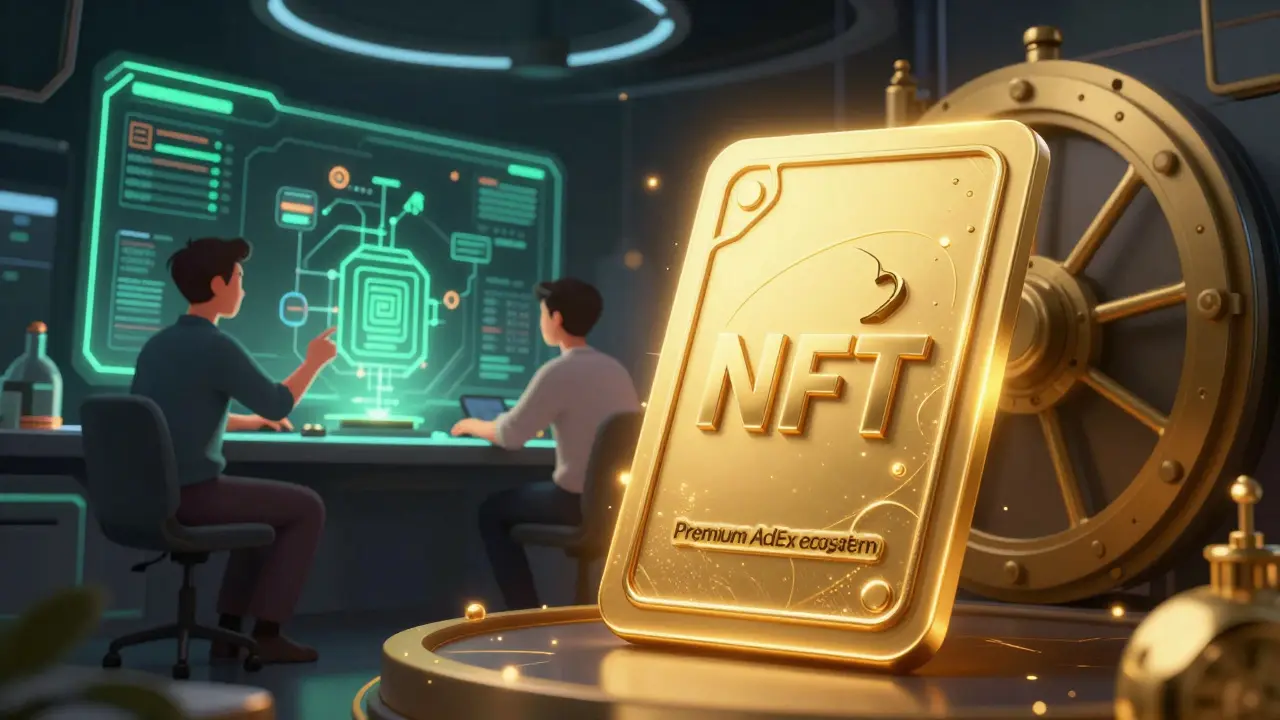 A golden premium NFT card floating in front of a futuristic AI development lab.