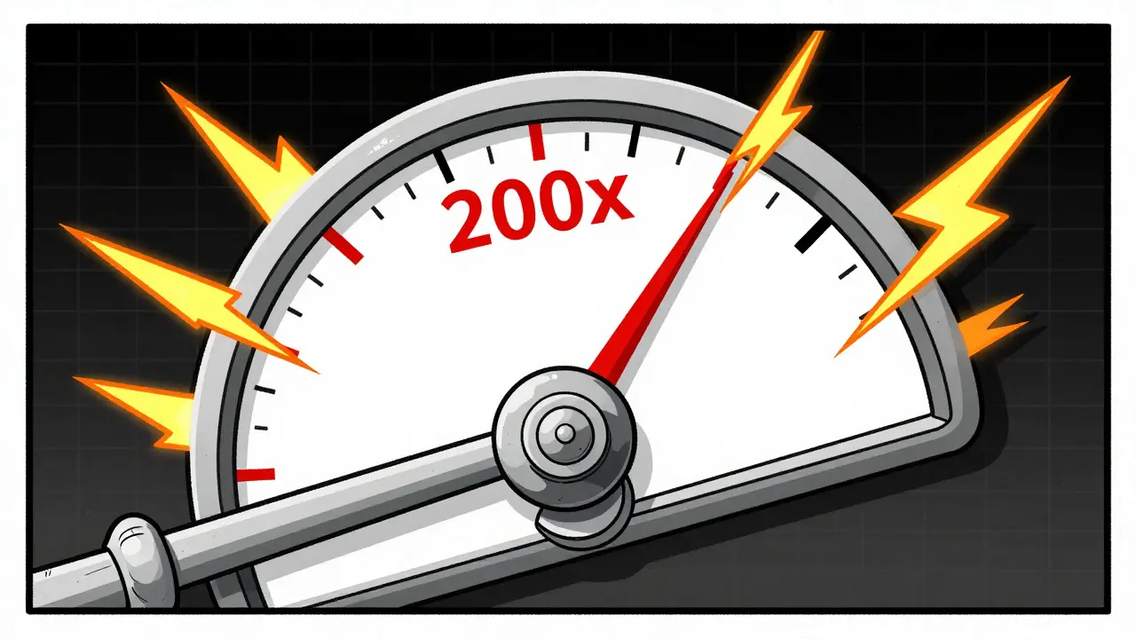 A high-tech gauge pushed to 200x leverage with electrical sparks indicating high market volatility.