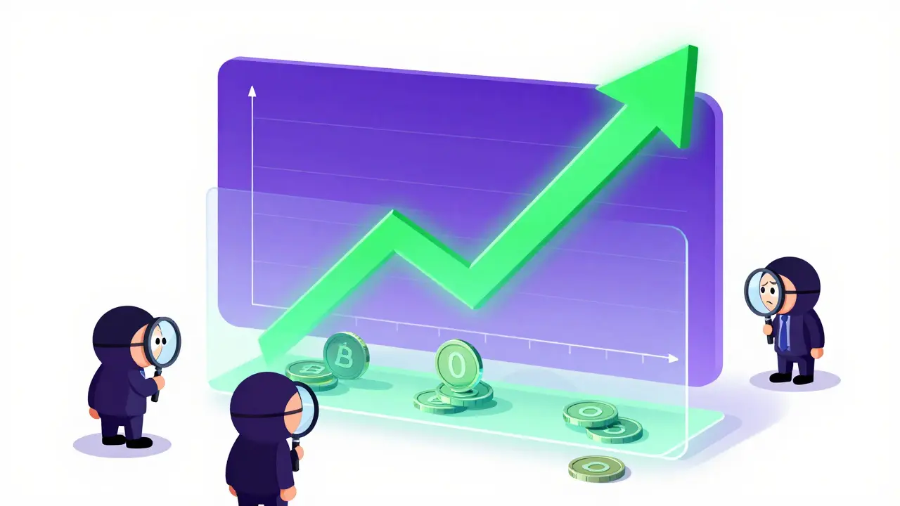 A holographic chart showing a price surge over an empty void of coins.