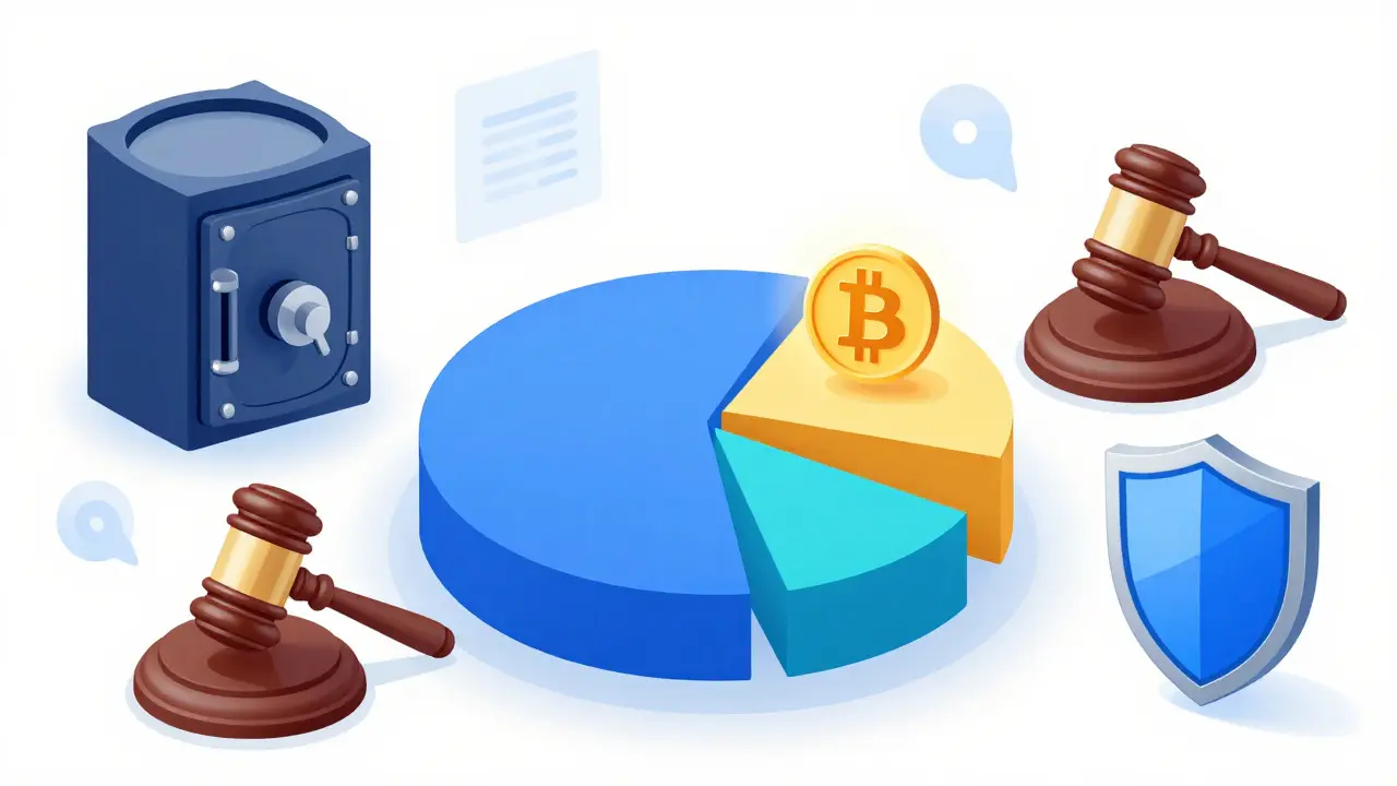 A professional portfolio pie chart showing a strategic Bitcoin allocation surrounded by security icons.