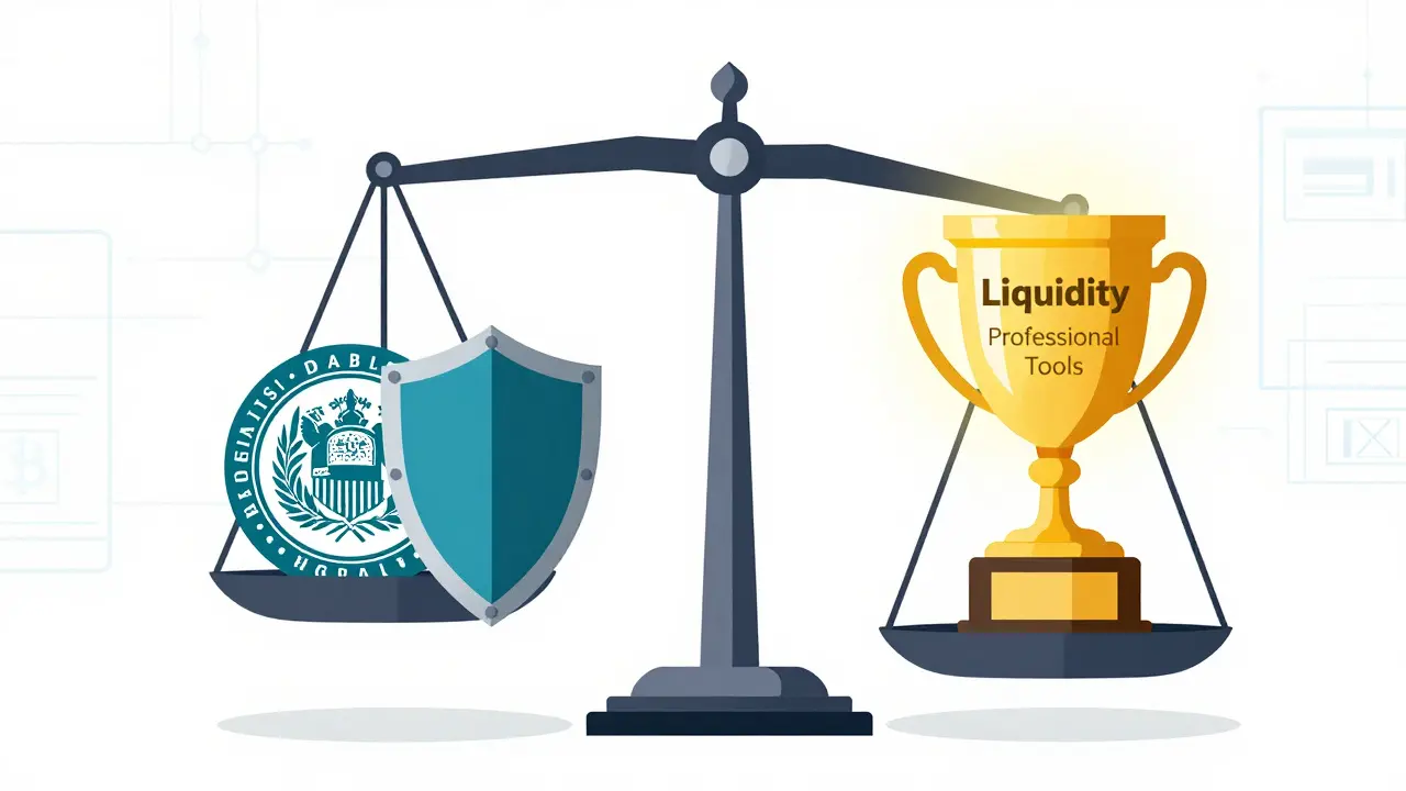 A scale balancing a government regulatory shield against a heavy golden trophy of market liquidity.