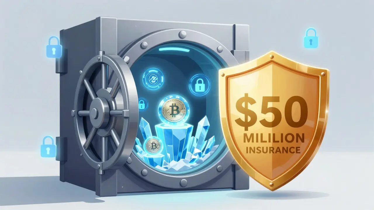 A secure digital vault with cold storage crystals and a golden shield for insurance protection.
