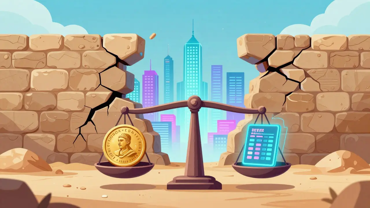 A stone wall cracking to reveal a digital city with a scale balancing a Dinar and a blockchain.
