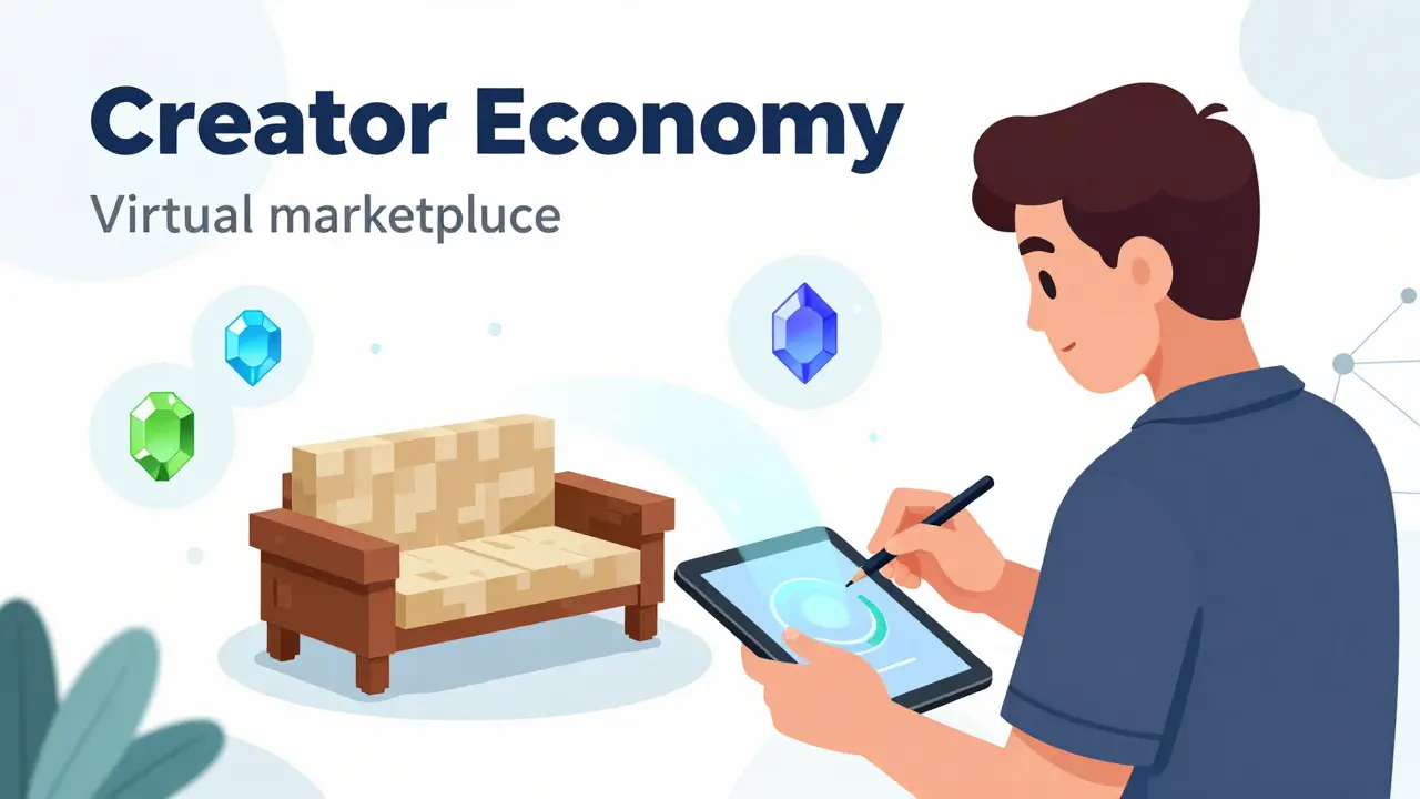 An artist creating a voxel asset for a virtual marketplace with blockchain symbols around them.