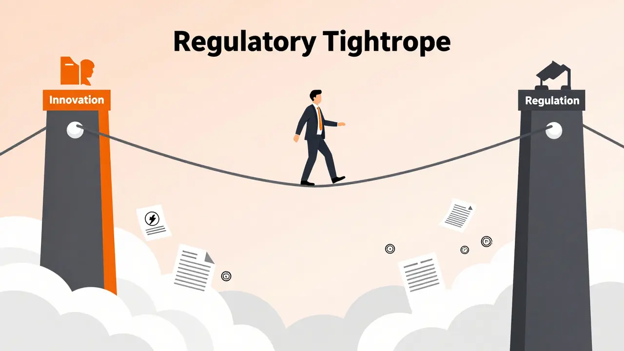 Business person balancing on a tightrope between innovation and regulatory compliance pillars.