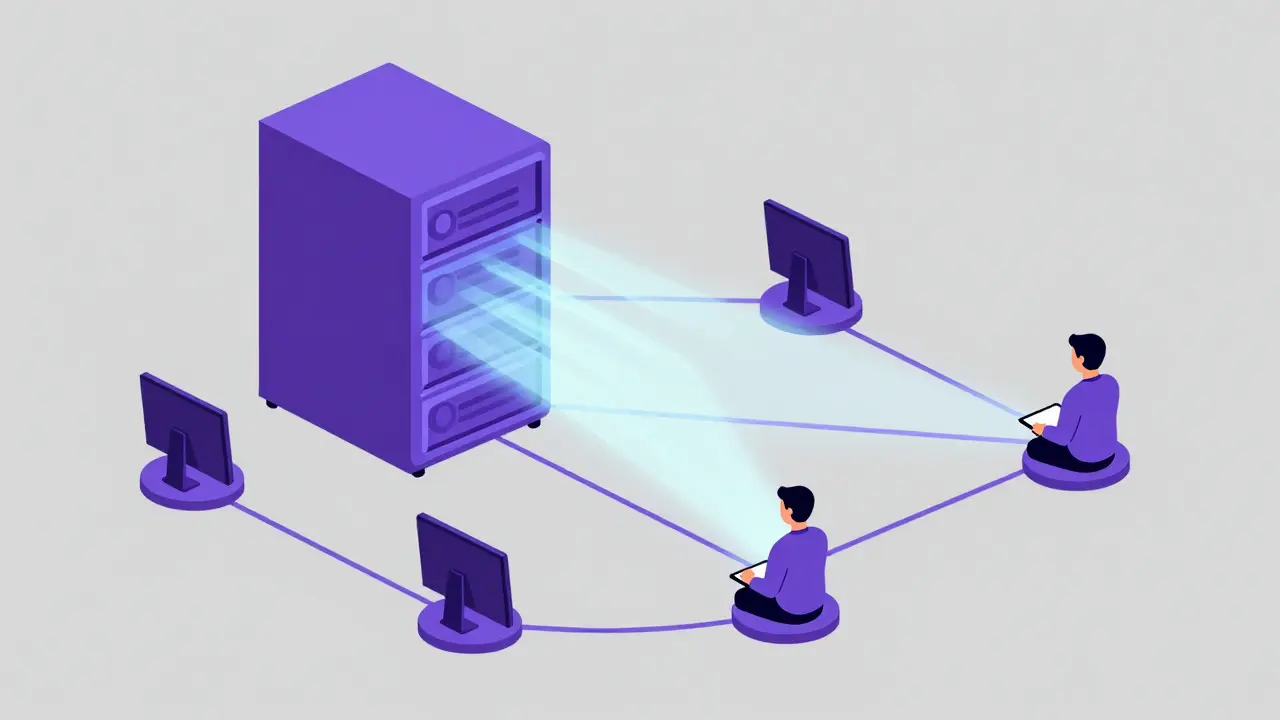 Cartoon schematic view of a fast blockchain network with glowing connections.