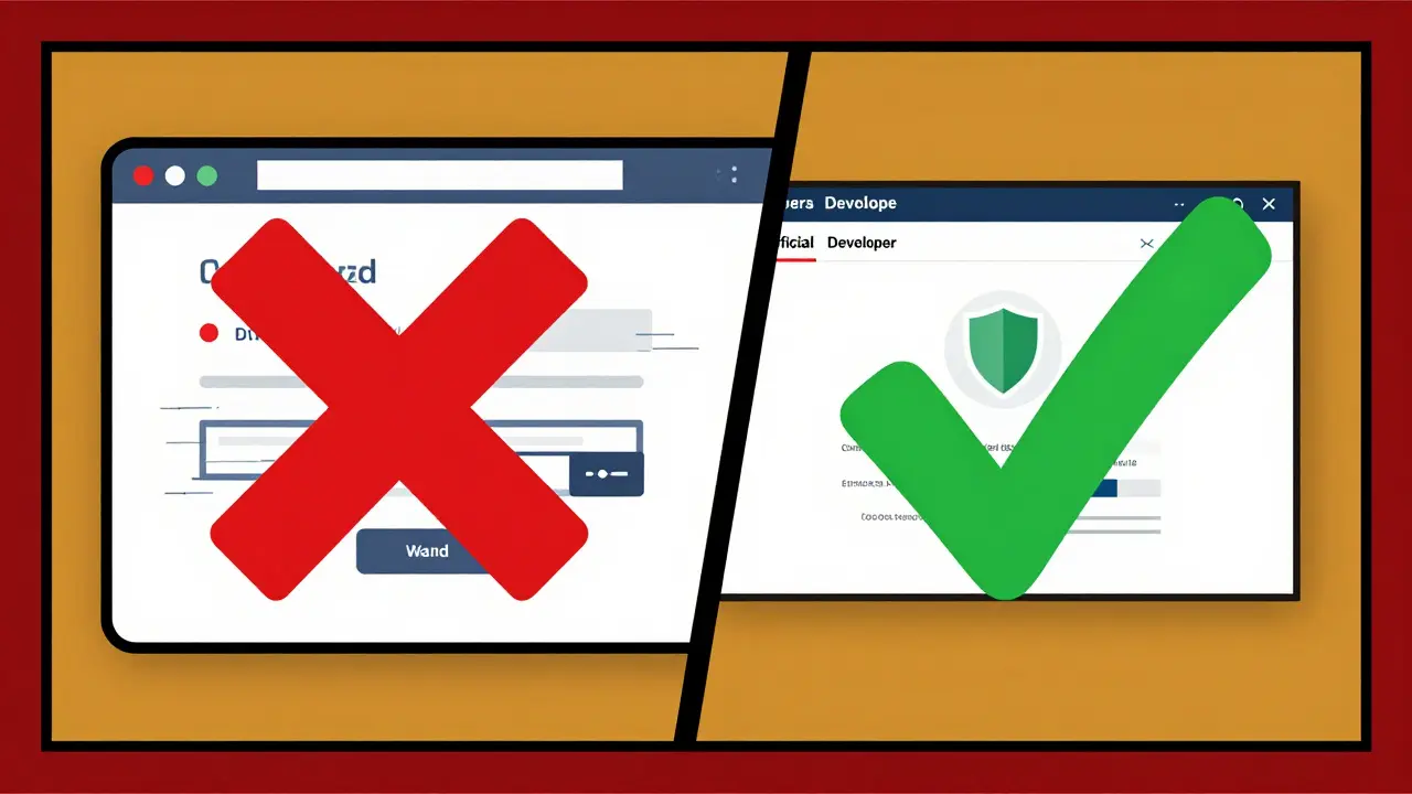 Comparison between a scam website and a secure official developer dashboard