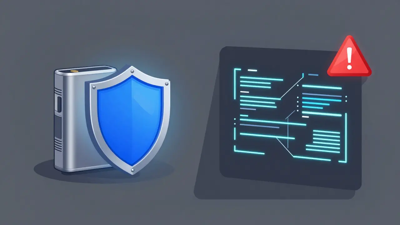 Comparison between a secure hardware wallet with a shield and complex smart contract code with a warning sign.