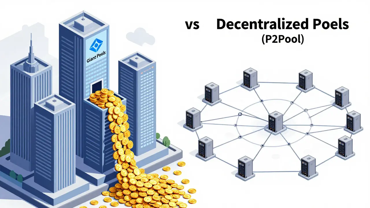 Comparison between massive corporate mining pools and a decentralized peer-to-peer network.