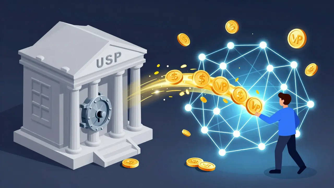 Comparison illustration between a traditional bank vault and a decentralized VSP token network.