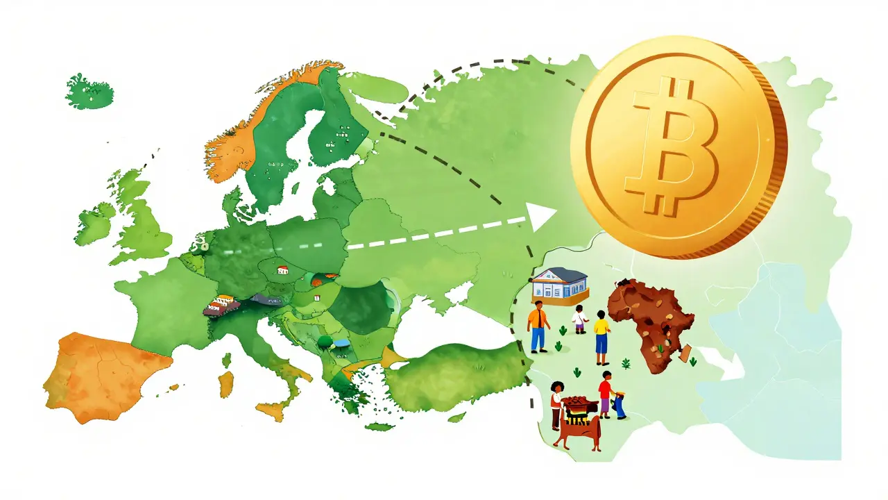 Diagram showing a digital coin traveling instantly from Europe to Africa, bypassing bank fees.