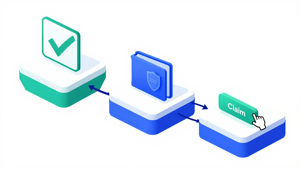 Isometric flow chart showing KYC verification, wallet connection, and token claiming steps.