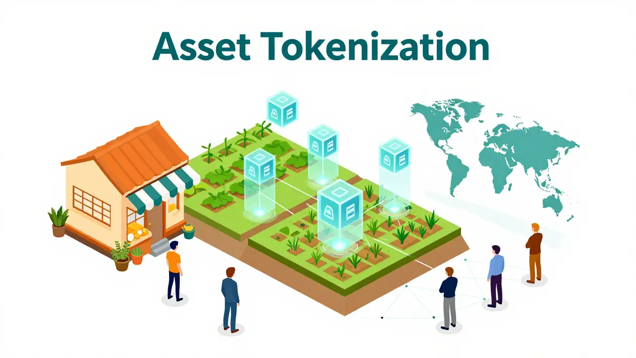 Isometric view of local businesses being converted into digital tokens for global investment.
