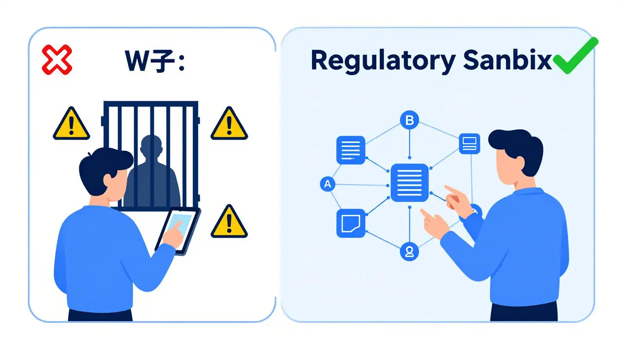 Split screen showing illegal crypto trading versus a legal government blockchain sandbox.