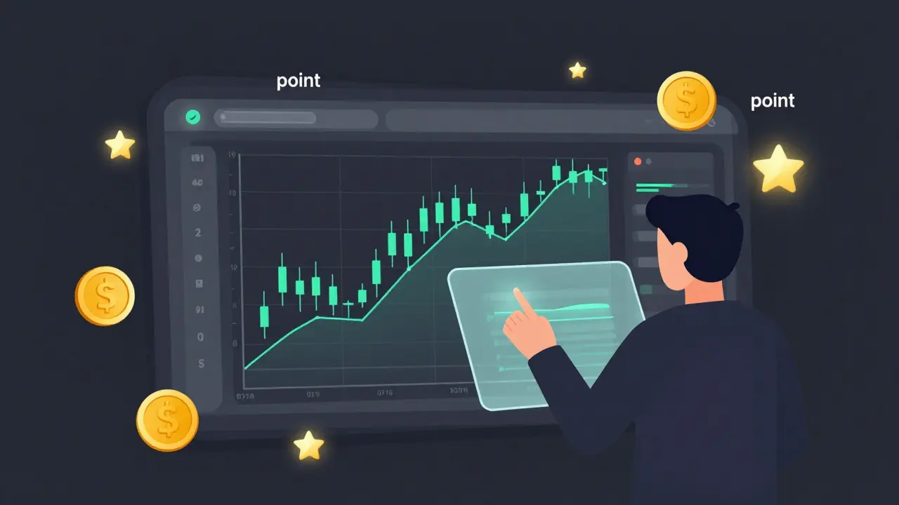 Stylized trading dashboard with price charts and floating gold reward points.