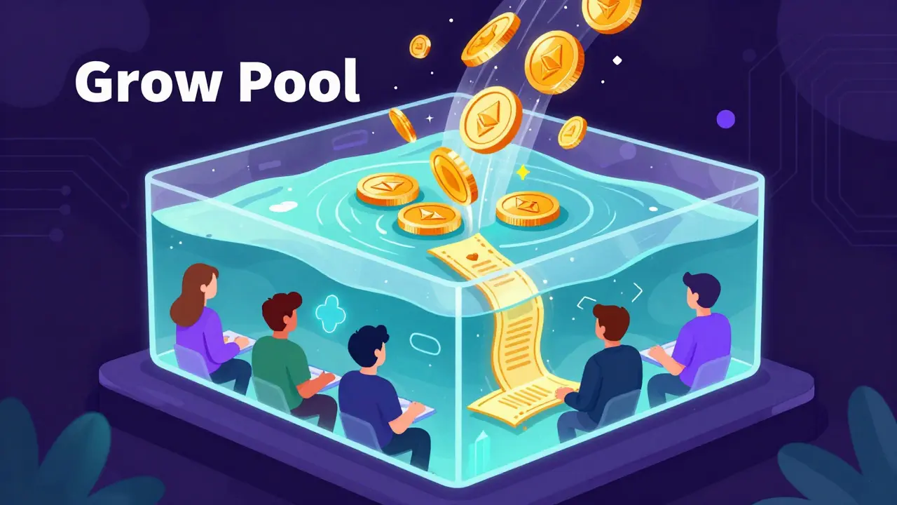 Technical drawing of a digital Grow Pool transforming deposited coins into shimmering vTokens.