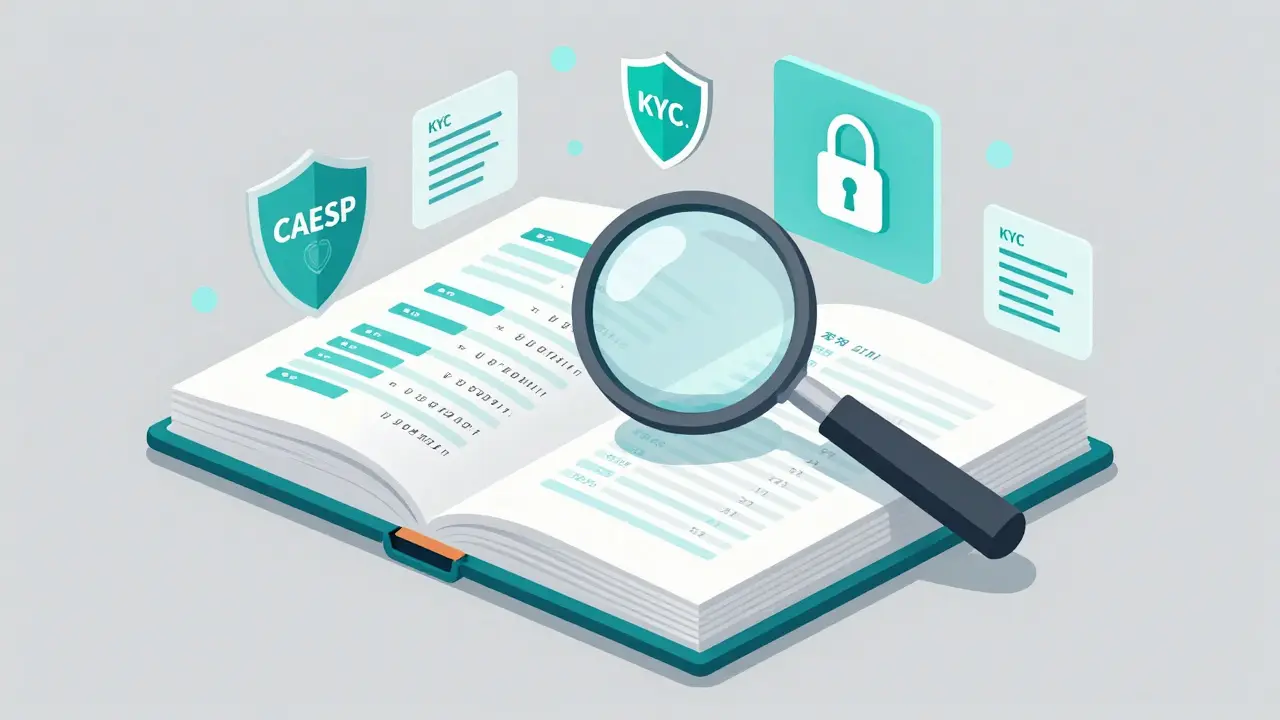 Technical illustration of a digital ledger with a magnifying glass and security icons for tax compliance.