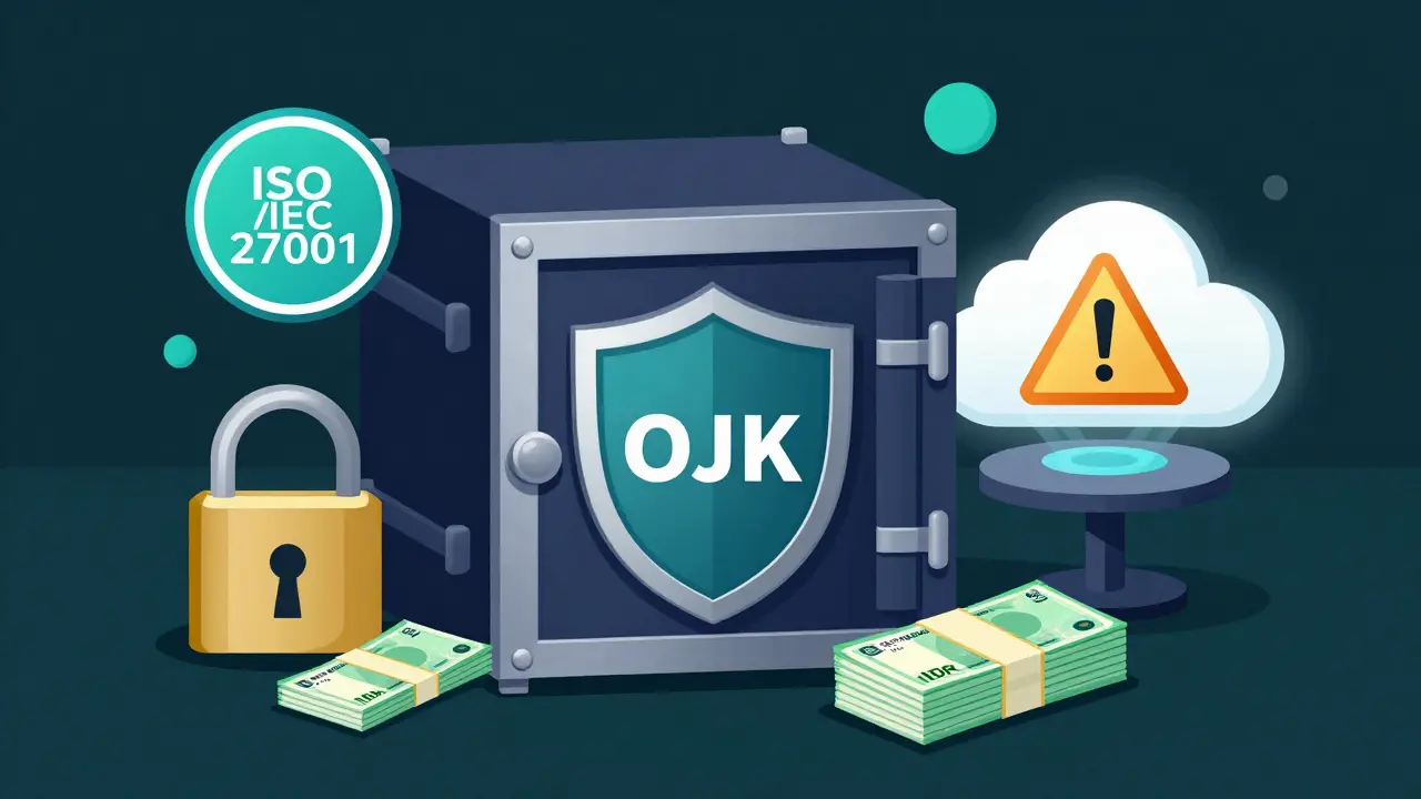 Technical illustration of a secure OJK-licensed crypto exchange with safety shields and capital icons.