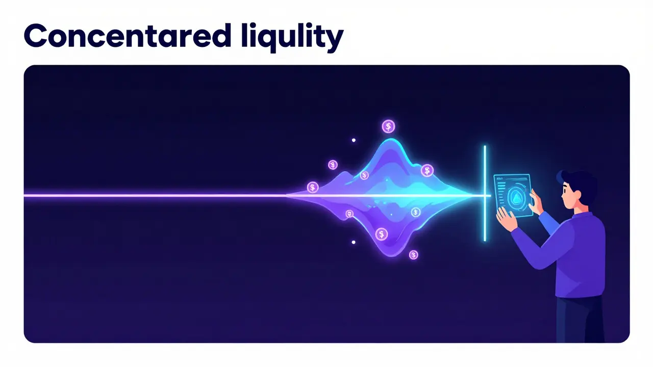 Technical illustration of concentrated liquidity showing tokens focused within a specific price range.