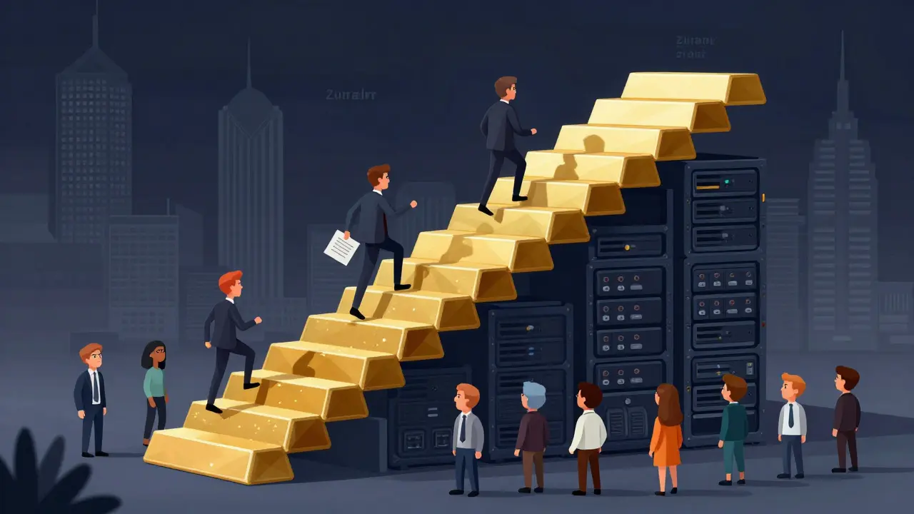 Cartoon of high compliance costs forming a steep barrier for new crypto startups.