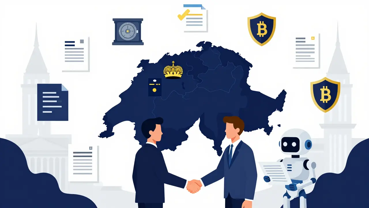 Cartoon showing Swiss regulatory compliance and banking for crypto miners.