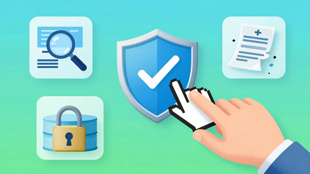 Conceptual art depicting security measures protecting a user from clicking a scam link.