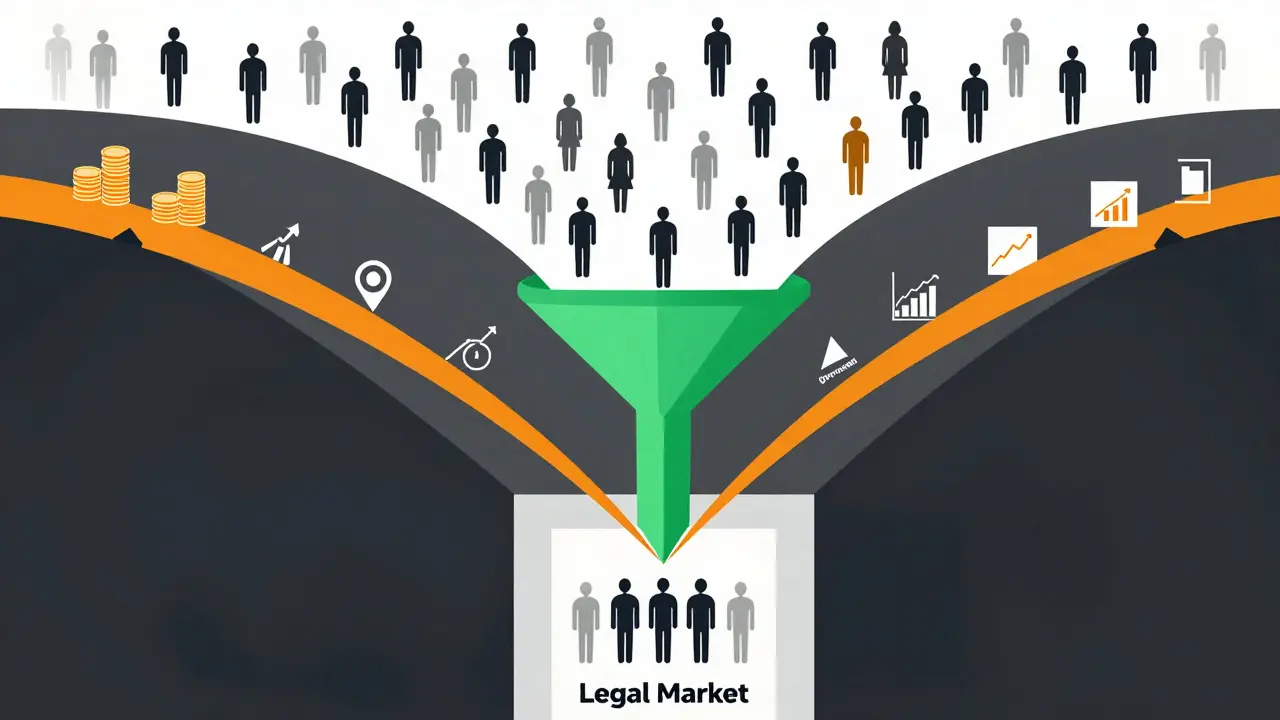 Conceptual funnel graphic depicting strict wealth thresholds filtering out most retail crypto investors.