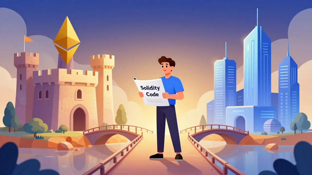 Developer moving Solidity code from Ethereum to Monad via a seamless compatibility bridge.
