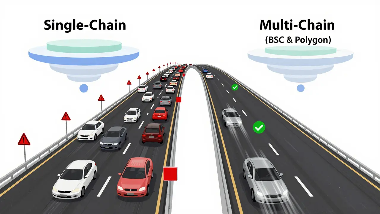 Diagram comparing single-chain congestion vs multi-chain efficiency