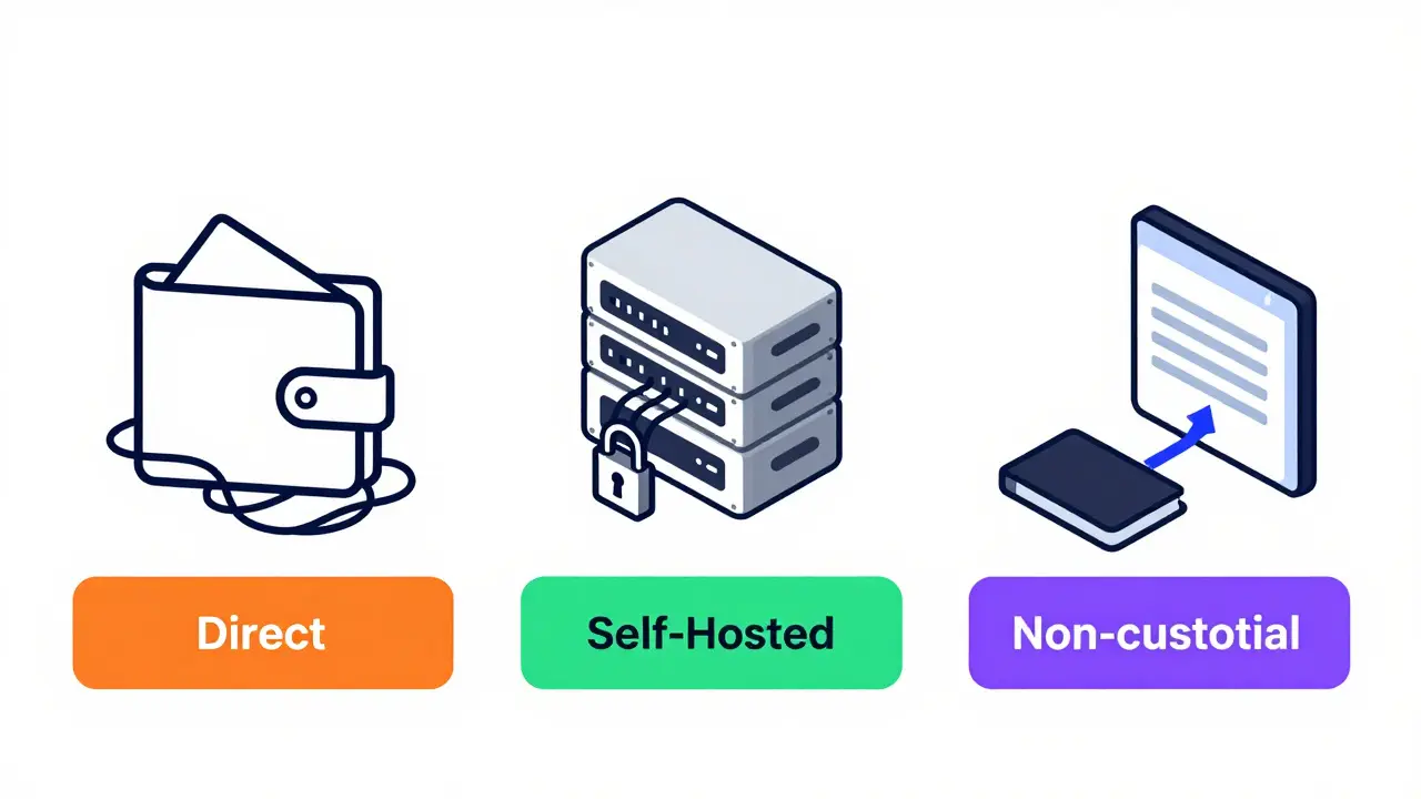 Diagram comparing three no-KYC crypto payment models: direct, self-hosted, and gateway