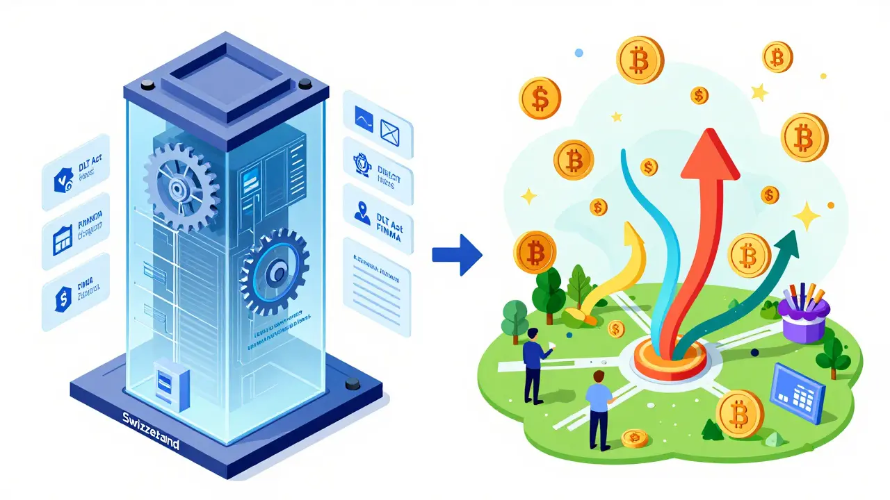 Diagram contrasting strict regulatory clarity in Switzerland with grassroots crypto adoption elsewhere.