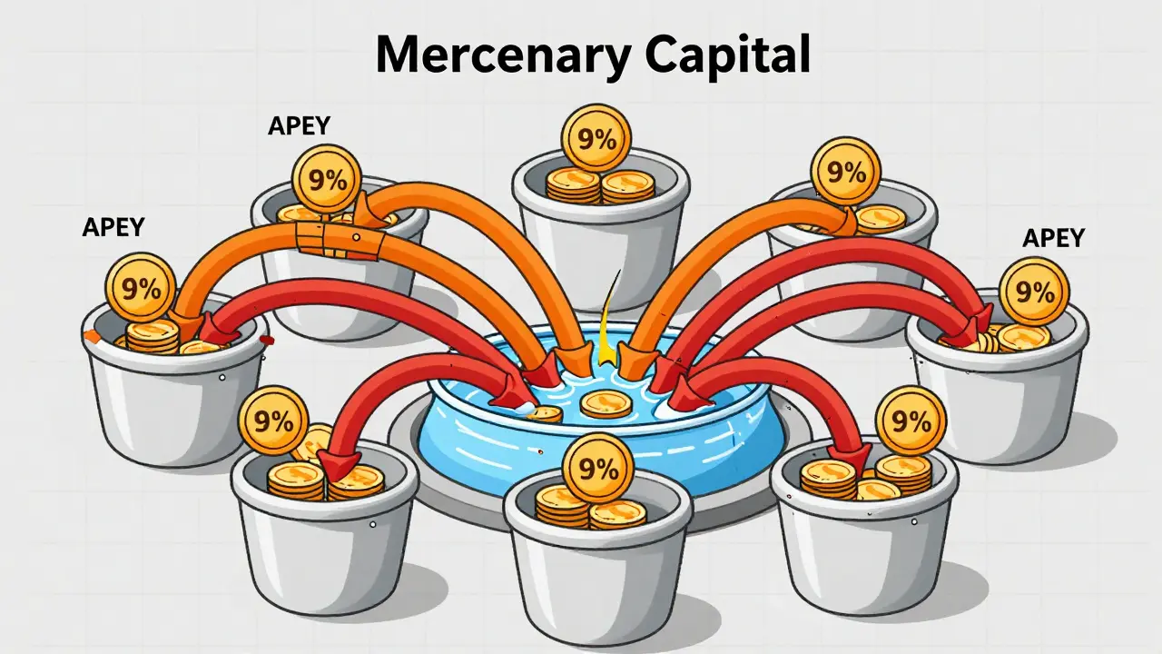 Diagram illustrating mercenary capital and double counting in DeFi protocols
