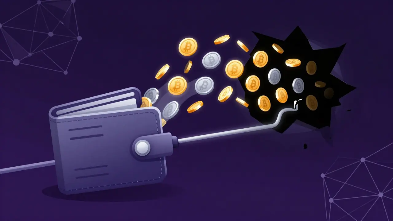 Diagram of a crypto wallet being drained of funds by a scam website connection.