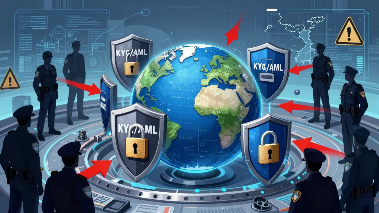 Diagram of global security measures blocking cyber threats