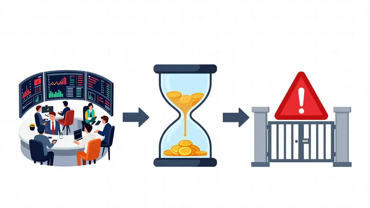 Diagram showing exchange failure stages from peak volume to collapse