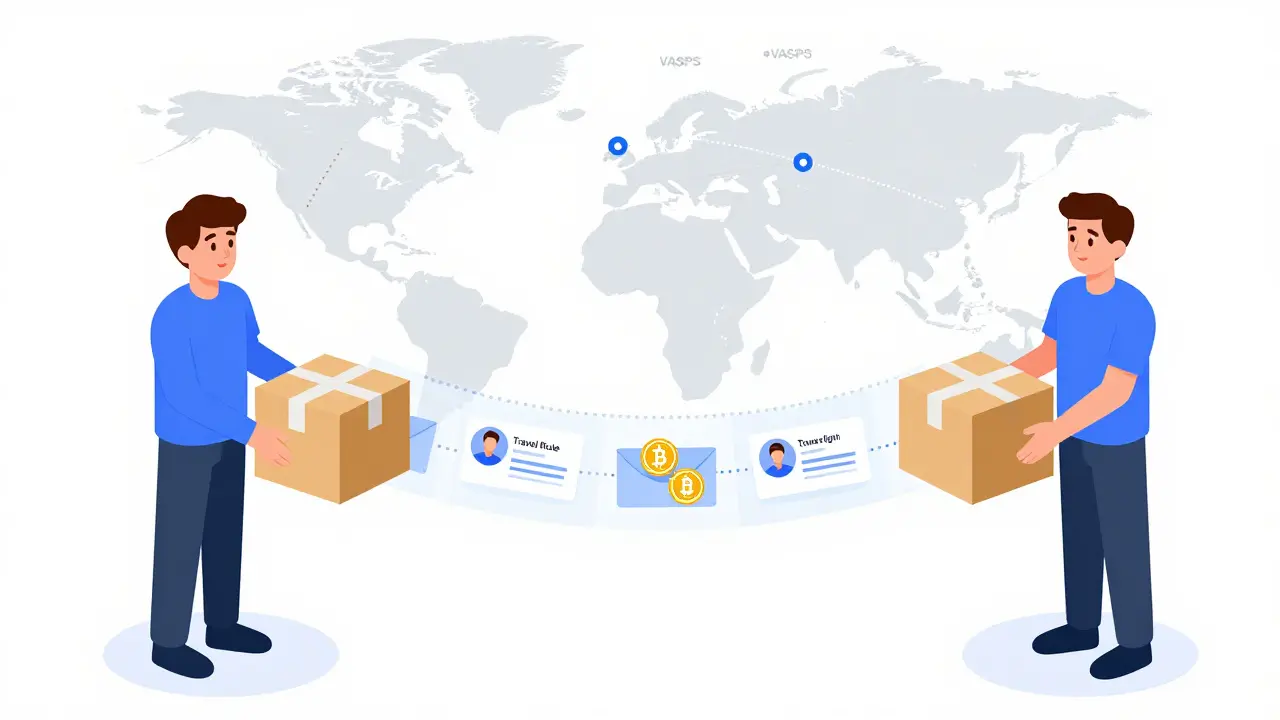 Diagram showing Travel Rule data sharing between crypto platforms
