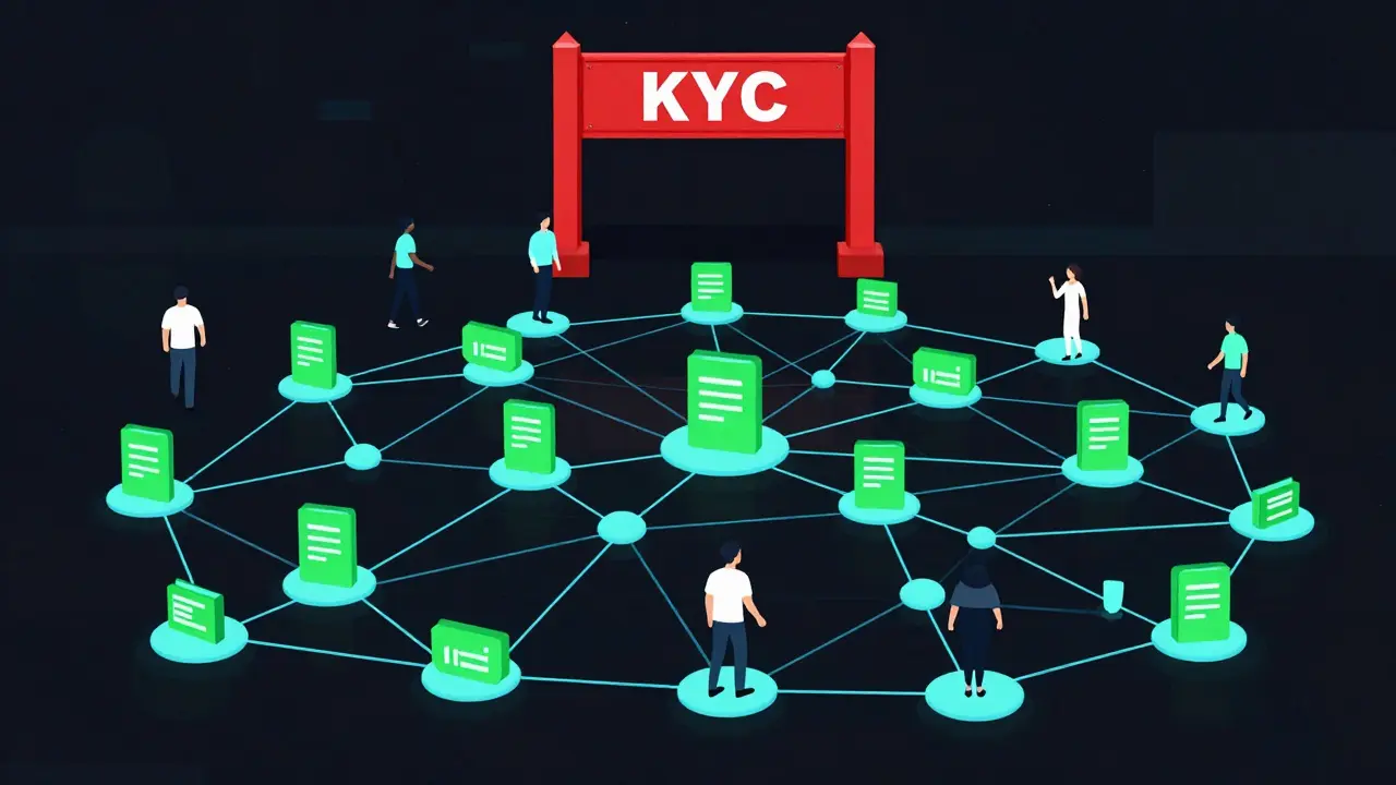 Diagram showing users bypassing KYC gates via a decentralized node network.