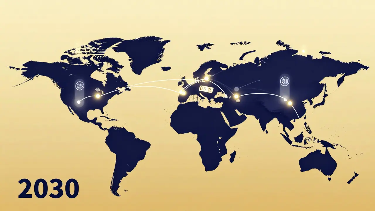 Global map showing seamless cross-border transactions using decentralized KYC