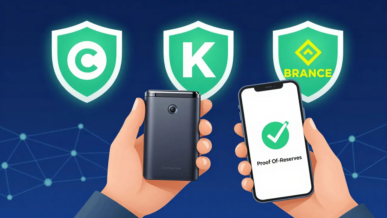 Hardware wallet and verified shields representing safe crypto storage