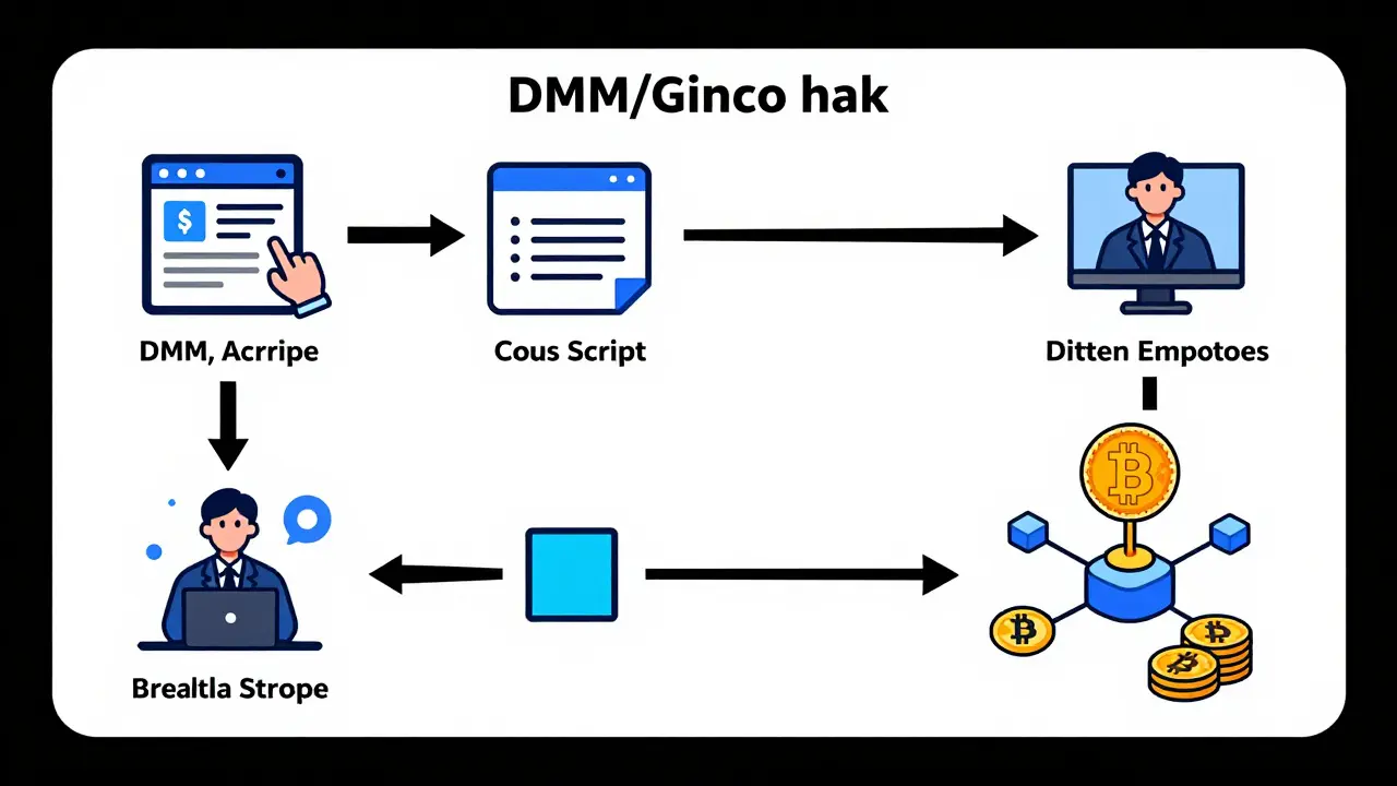 Illustrated flowchart showing steps of a major cryptocurrency hack